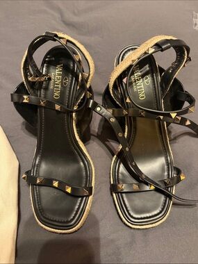 Valentino Garavani Black Leather Rockstud Espadrille Sandals with Gold Studs